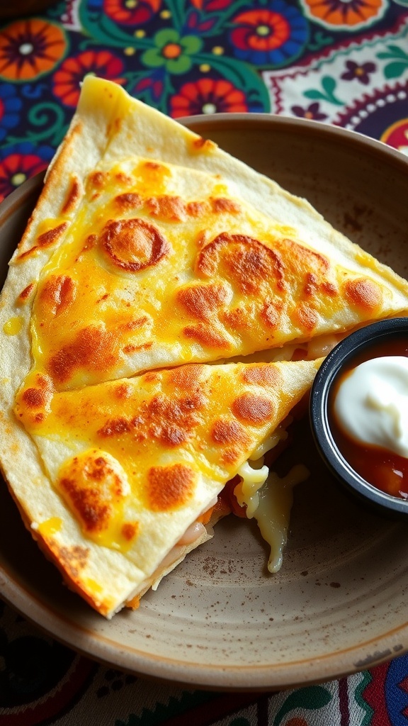 Cheese Quesadilla Recipe A crispy cheese quesadilla cut into wedges, served with salsa and sour cream on a rustic plate.
